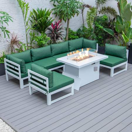 LEISUREMOD Chelsea 7-Piece Patio Sectional And Fire Pit Table White Aluminum With Green Cushions CSFW-7G